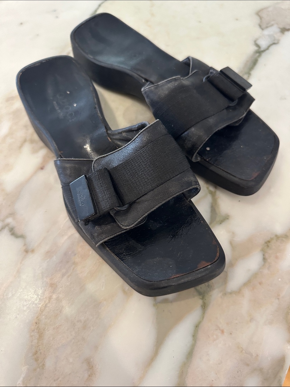Vintage Gucci Slide Sandals with Velcro Buckle Accent
